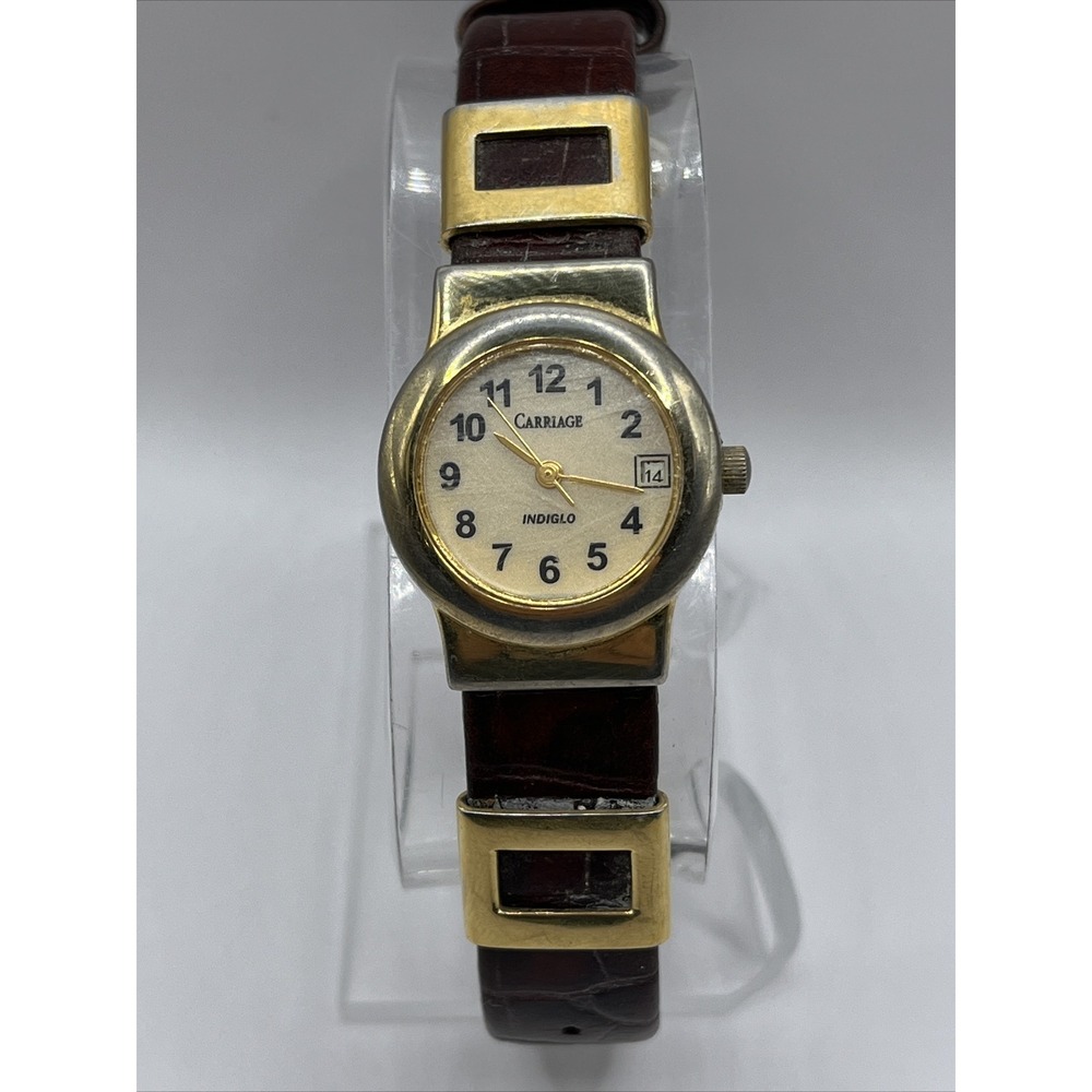 Vintage Carriage‎ Indiglo Gold Tone Case Brown Leather Band- New Battery